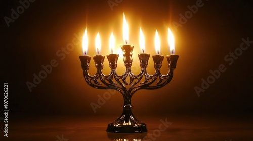 Elegant silver menorah with seven glowing candles illuminating a dark background, symbolizing tradition and festivity, warm light reflections for hanukkah celebrations photo