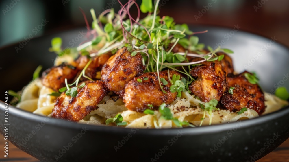 A bowl of al dente linguine pasta with crispy fried chicken liver pieces, garnished with microgreens, with a dark background for contrast A bowl of al dente linguine pasta with crispy fried chicken liver pieces, garnished with microgreens, with a dark background for contrast