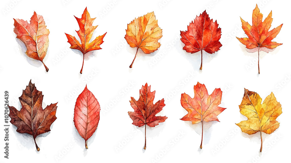 Beautiful a collection of watercolor autumn leaves, including maple, oak, and birch, in shades of red, orange, and yellow vector illustration. Beautiful a collection of watercolor autumn leaves, including maple, oak, and birch, in shades of red, orange, and yellow vector illustration.