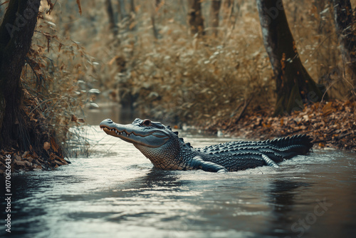 Selective focus crocodile in the swamp, Close up shot alligator in the nature pond. photo