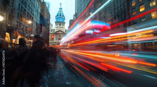 Philadelphia cityscape, vibrant downtown time lapse showcasing City Hall, bustling streets, architectural beauty, dynamic urban life, energy of the city captured over time