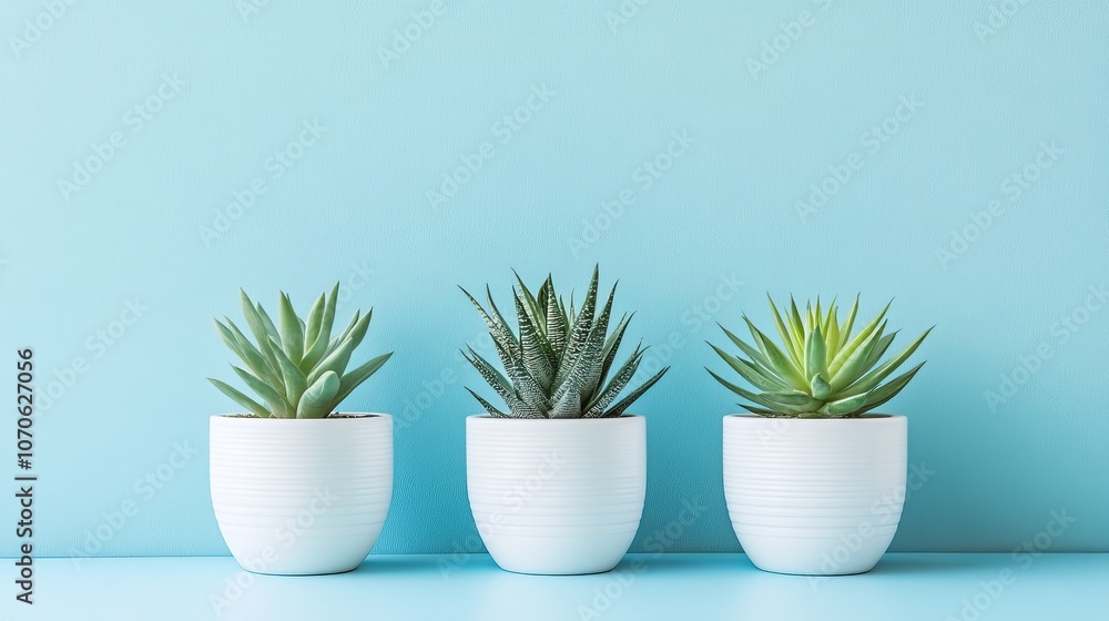 Three potted succulents arranged against a light blue background for decorative purposes. Three potted succulents arranged against a light blue background for decorative purposes.