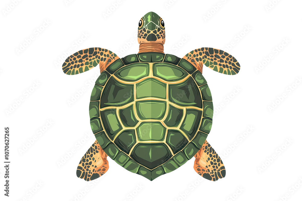 A green sea turtle displaying its shell and limbs in a frontal view, showcasing intricate shell patterns and textures.