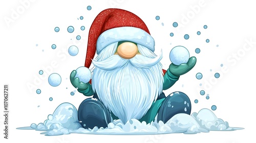 gnome playing with snowballs, red hat, winter clip art preview