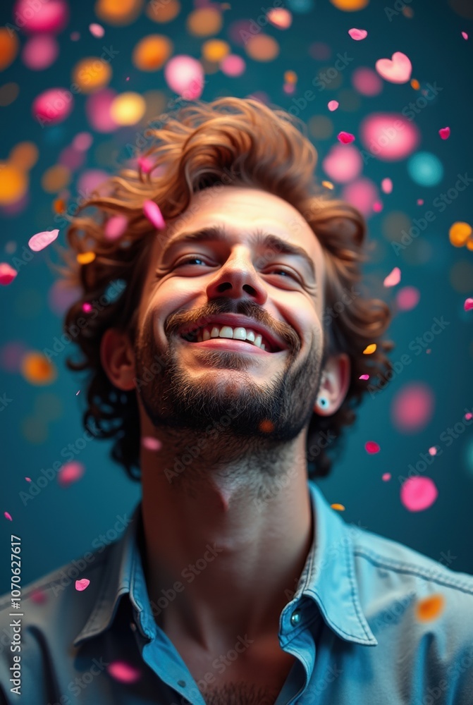 Happy Man with Flower Petals Falling on Him Joyful Springtime Photo Shoot Happy Man with Flower Petals Falling on Him Joyful Springtime Photo Shoot