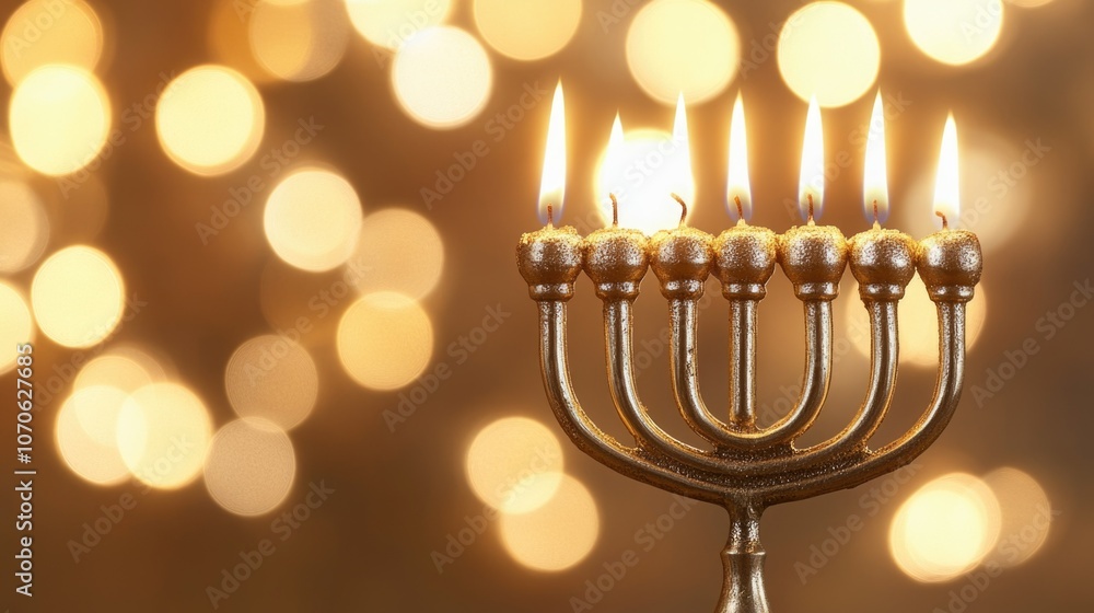 Fototapeta premium Golden menorah with lit candles against blurred warm lights background, symbolizing tradition and celebration