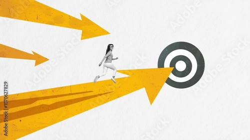 Motion collage video of happy girl run arrow determination success target goal achievement career promotion 