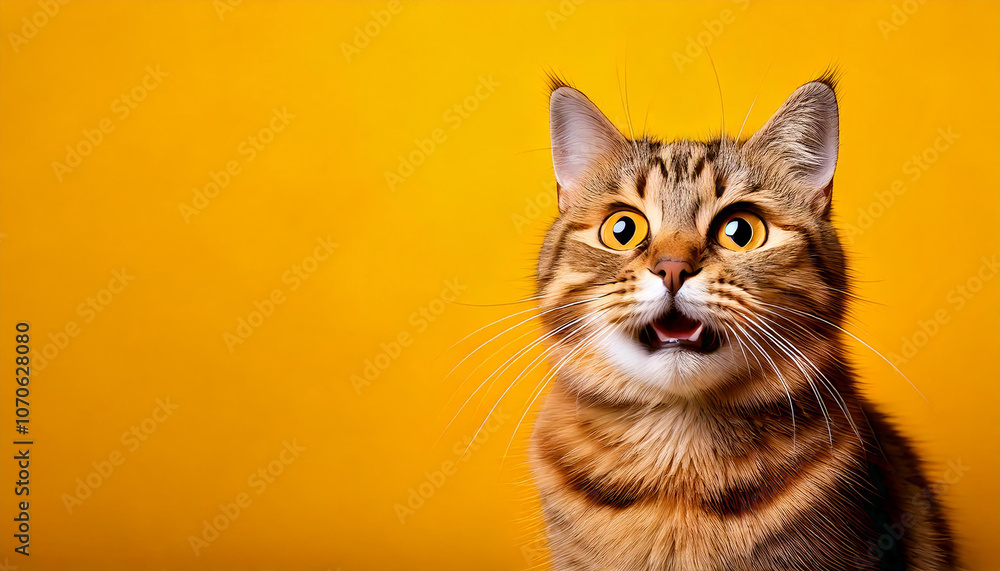Fototapeta premium Joyful cat isolated on yellow background banner with place