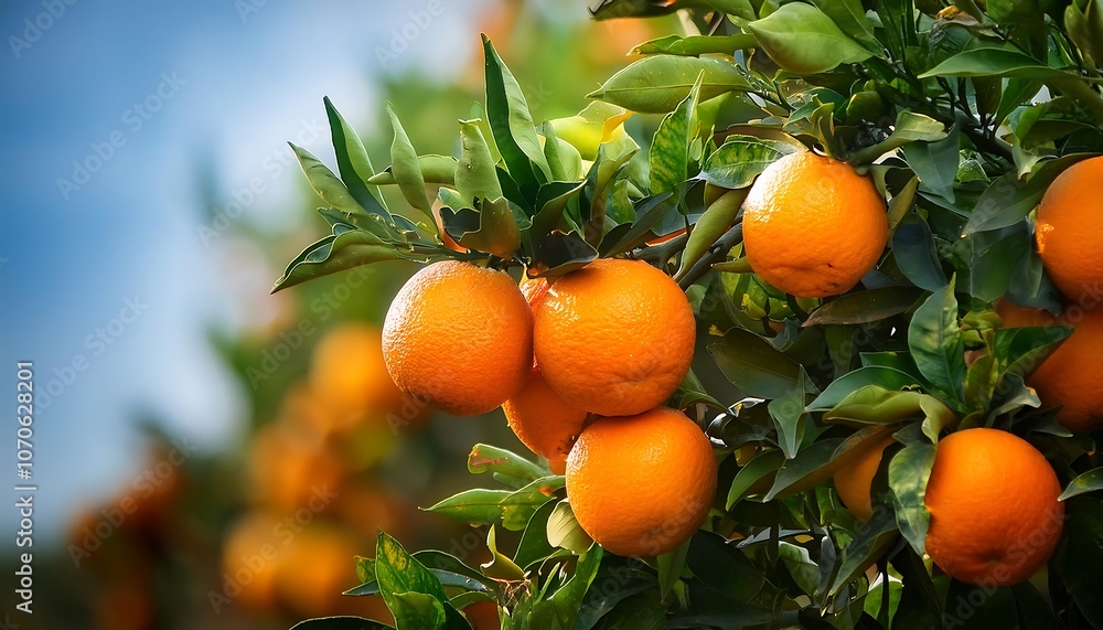 Ripe oranges hang from the branches of a citrus tree in a summer orchard Ripe oranges hang from the branches of a citrus tree in a summer orchard