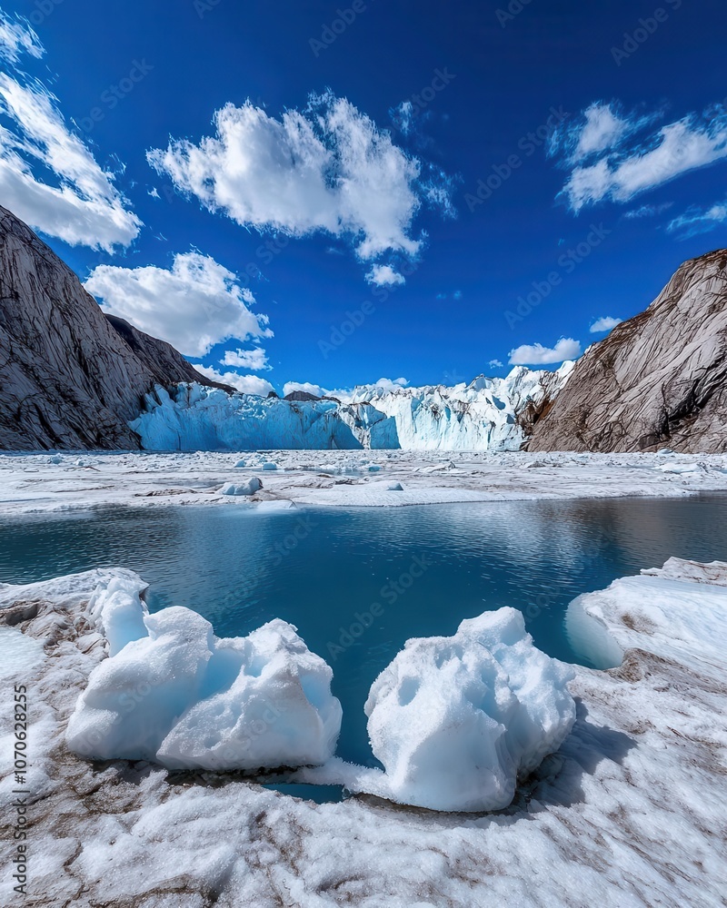 Obraz premium A breathtaking view of a glacier with ice formations and a tranquil blue lake under a clear sky filled with fluffy clouds.