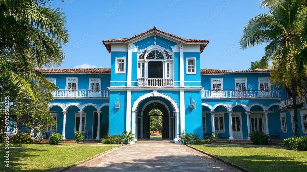 Colonial Blue Mansion in Tropical Setting Colonial Blue Mansion in Tropical Setting
