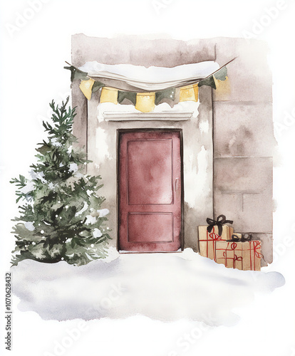 Watercolor Victorian Christmas Fir Tree, Children Playing, Lush Christmas Girl with Baby, New Year, Winter Holiday, Holiday, New Year Toys, Noel, Angel Child, Nutcracker, Poinsettia, Bouquet, Showcase