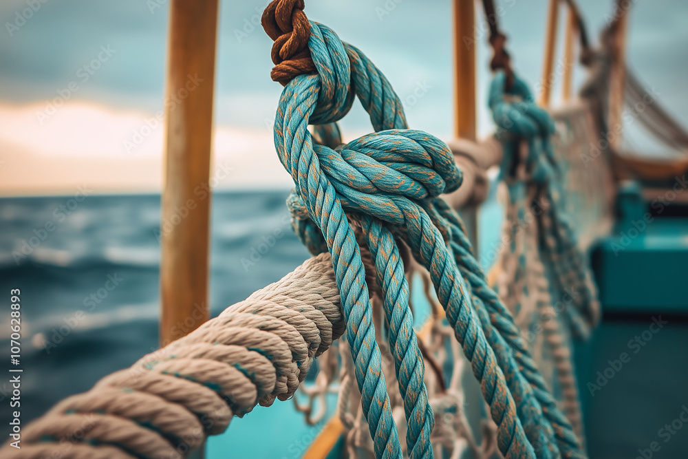 Selective focus trawl in fisherman boat, Fishing net on trawler with knot of rope, Fisherman equipment for fishing. Selective focus trawl in fisherman boat, Fishing net on trawler with knot of rope, Fisherman equipment for fishing.