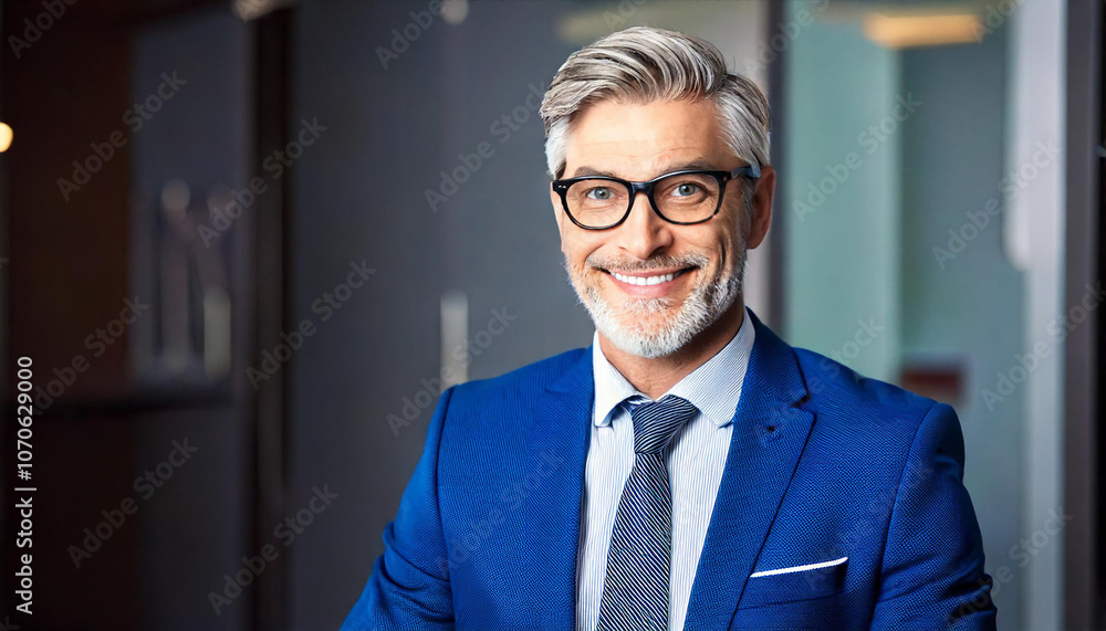 Portrait of a corporate successful middleaged man wearing glasses and a blue suit smiling Portrait of a corporate successful middleaged man wearing glasses and a blue suit smiling
