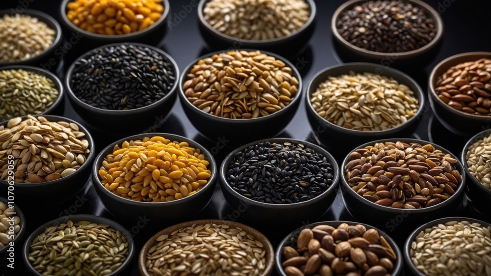 A variety of seeds displayed in bowls, showcasing their colors and textures for culinary use. A variety of seeds displayed in bowls, showcasing their colors and textures for culinary use.