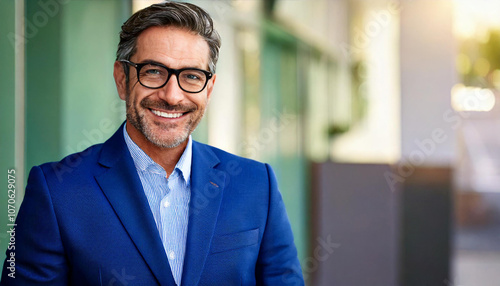 Portrait of a corporate successful middleaged man wearing glasses and a blue suit smiling 