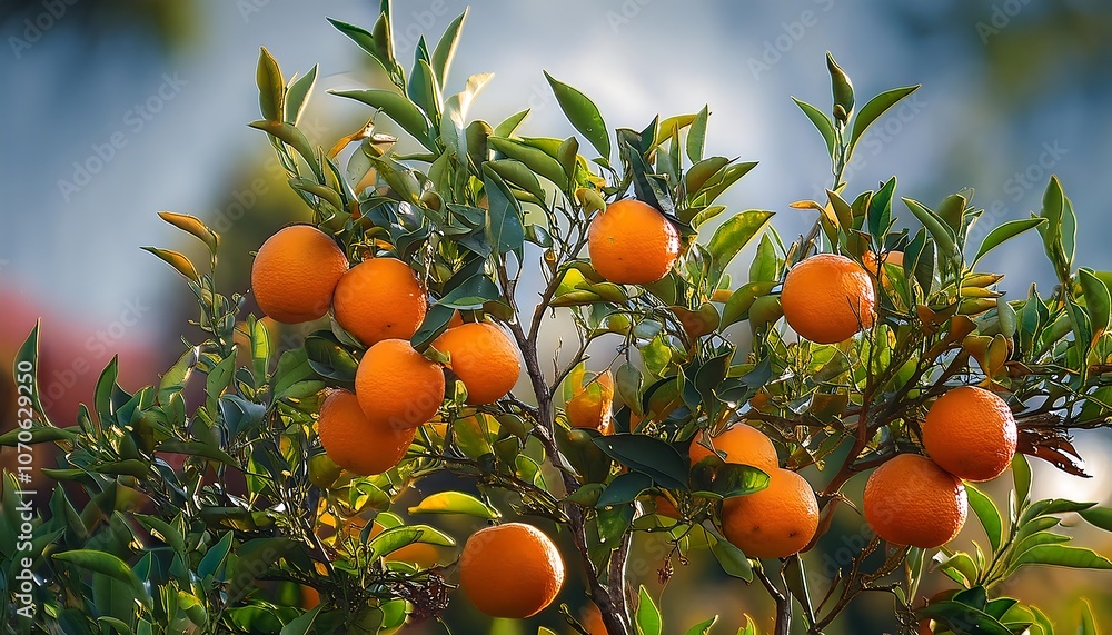 Ripe oranges hang from the branches of a citrus tree in a summer orchard Ripe oranges hang from the branches of a citrus tree in a summer orchard