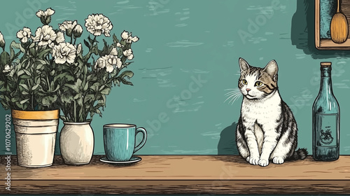 A dining table in the living room with a bottle of flowers, cat, tea set, mug, vintage, line art simple minimalist vector graphic illustration.