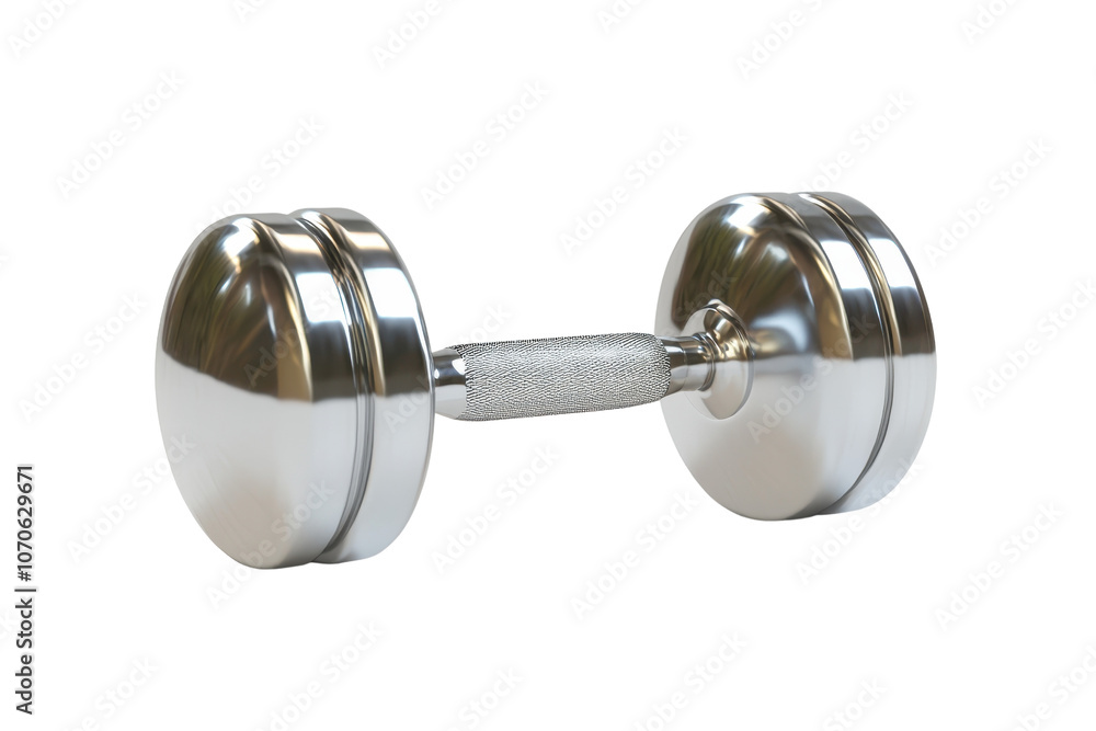 A shiny, metallic dumbbell with textured grip and round weights on either end, designed for strength training.