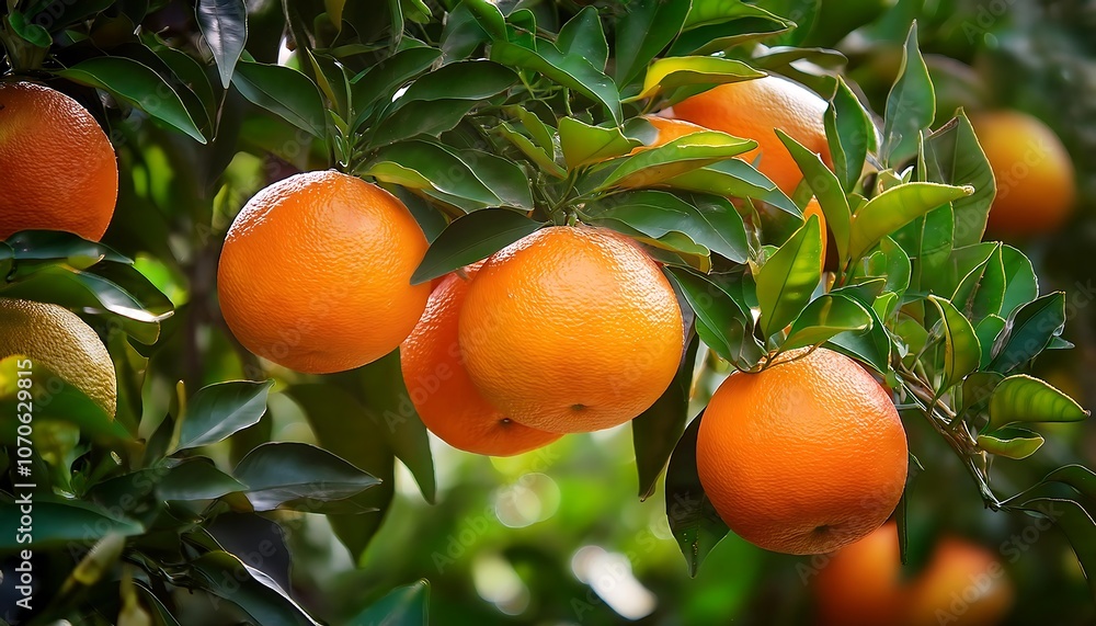 Ripe oranges hang from the branches of a citrus tree in a summer orchard Ripe oranges hang from the branches of a citrus tree in a summer orchard