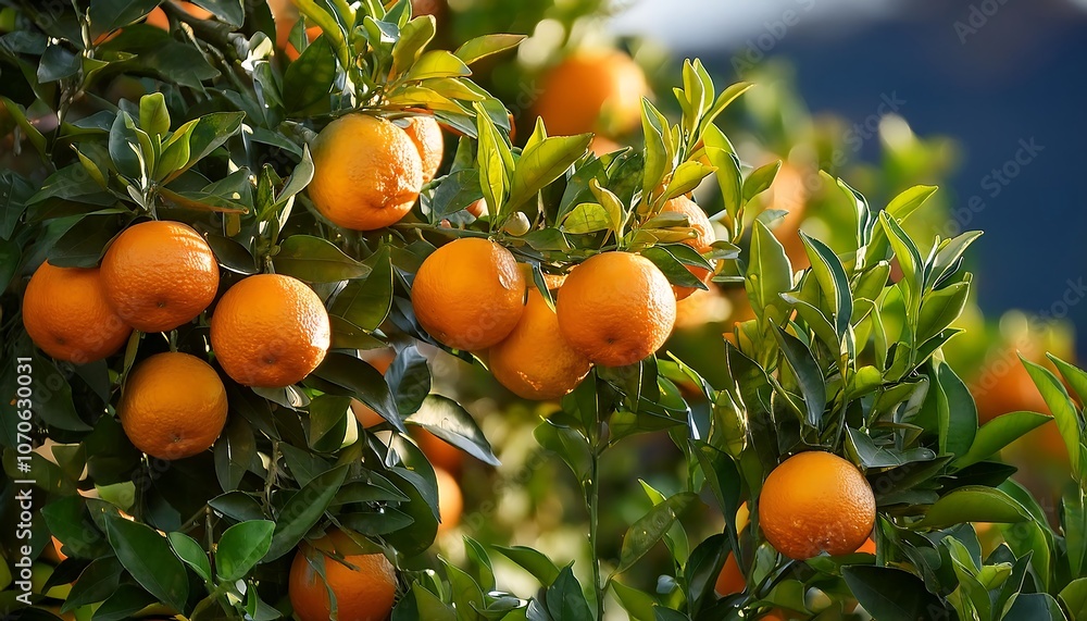 Ripe oranges hang from the branches of a citrus tree in a summer orchard Ripe oranges hang from the branches of a citrus tree in a summer orchard