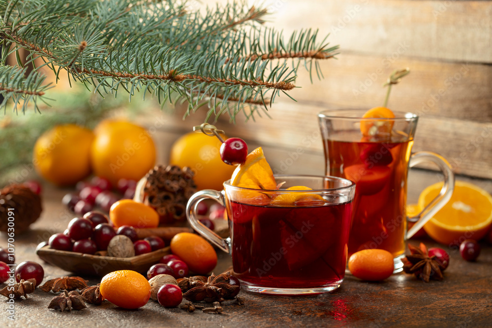 Winter drinks with ingredients on a old kitchen table. Winter drinks with ingredients on a old kitchen table.