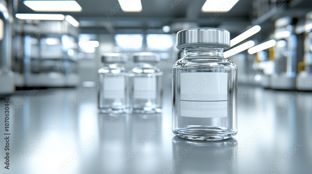 Clear glass vial on a laboratory surface, suggesting pharmaceutical or scientific use. Clear glass vial on a laboratory surface, suggesting pharmaceutical or scientific use.