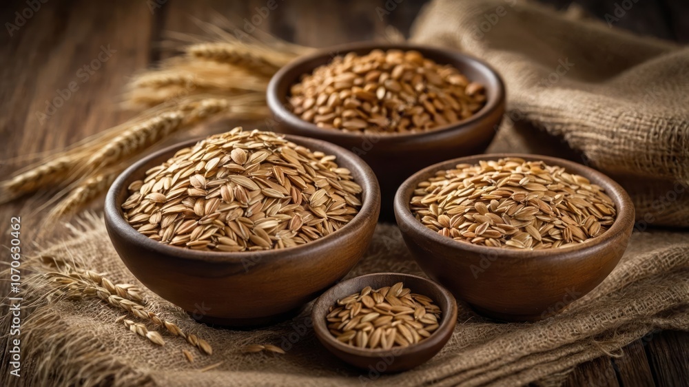 Three bowls filled with various grains on a rustic wooden surface. Three bowls filled with various grains on a rustic wooden surface.