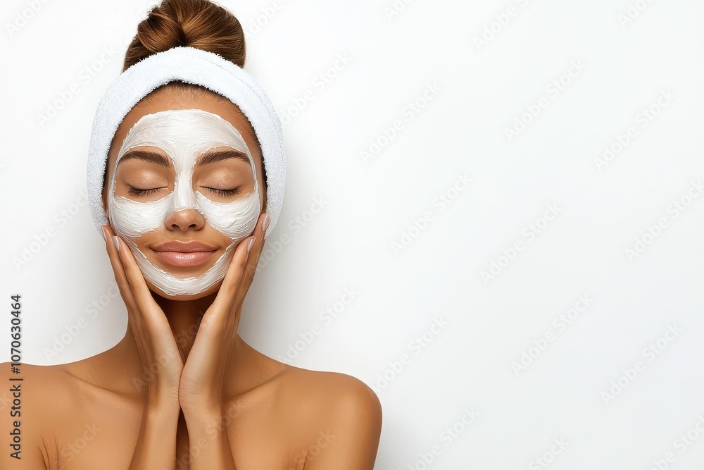 A serene woman enjoying a facial mask, promoting relaxation and skincare in a minimalistic setting. Perfect for wellness themes. A serene woman enjoying a facial mask, promoting relaxation and skincare in a minimalistic setting. Perfect for wellness themes.