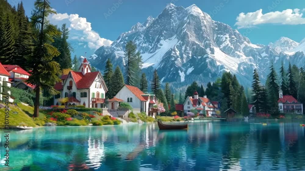 A beautiful mountain landscape with a lake and houses in the background. The scene is peaceful and serene, with the water reflecting the mountains and the houses. Scene is calm and tranquil A beautiful mountain landscape with a lake and houses in the background. The scene is peaceful and serene, with the water reflecting the mountains and the houses. Scene is calm and tranquil