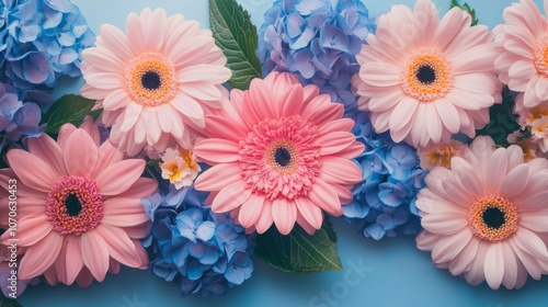 Floral Arrangement with Pink Gerberas and Blue Hydrangeas