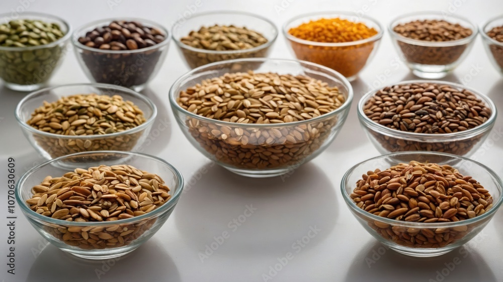 A variety of seeds displayed in glass bowls for culinary or nutritional purposes. A variety of seeds displayed in glass bowls for culinary or nutritional purposes.