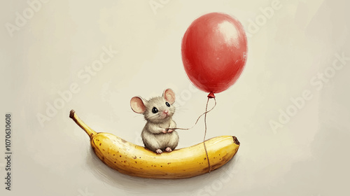 A mouse sitting on a banana is tied to a red balloon, in a simple drawing style vector graphic illustration.