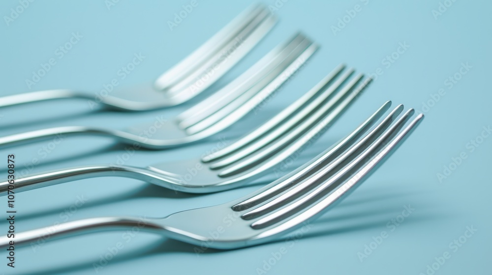 Close-up of a fork and cutlery arranged symmetrically on a table with a blue backdrop, prepared for a meal setting in an empty studio Close-up of a fork and cutlery arranged symmetrically on a table with a blue backdrop, prepared for a meal setting in an empty studio