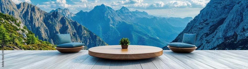 A serene mountain view featuring a modern outdoor seating area, perfect for relaxation and enjoying nature's beauty. A serene mountain view featuring a modern outdoor seating area, perfect for relaxation and enjoying nature's beauty.