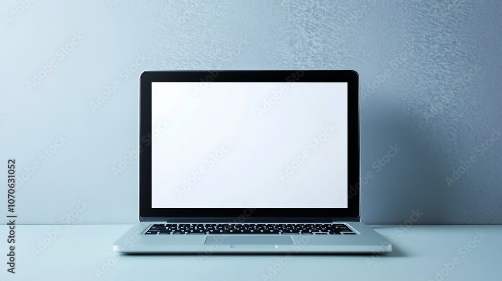 A blank laptop sits on a table against a plain wall, ready for use. A blank laptop sits on a table against a plain wall, ready for use.