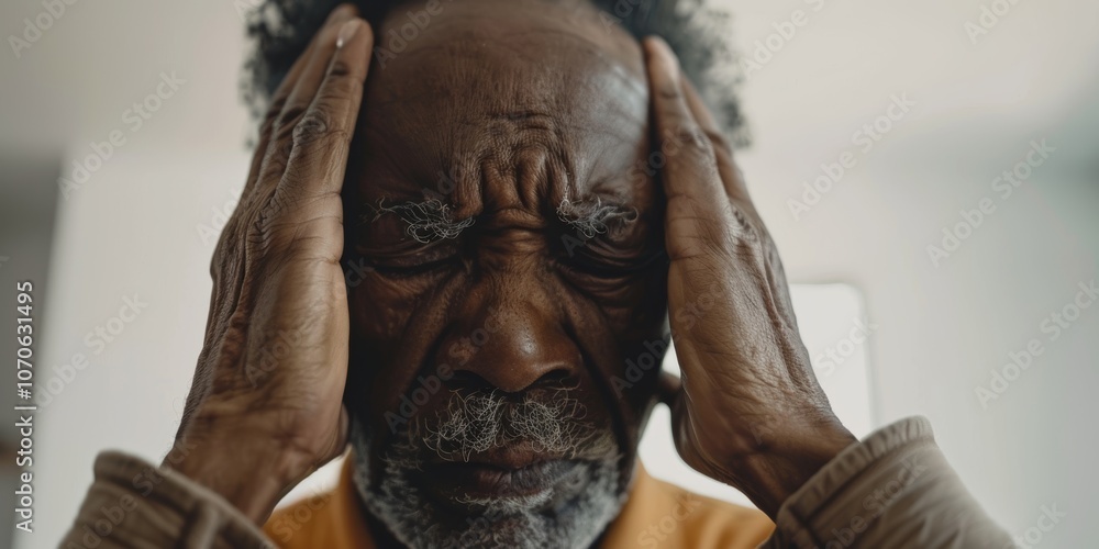 Older adult experiencing headaches, anxiety, and stress at home, dealing with tension, pain, and mental health issues related to life changes Older adult experiencing headaches, anxiety, and stress at home, dealing with tension, pain, and mental health issues related to life changes