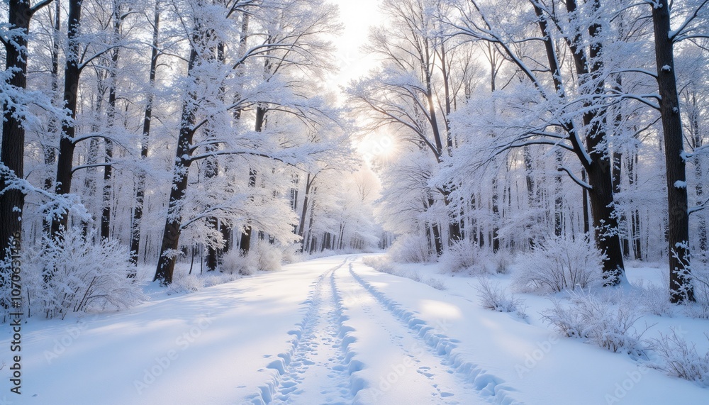 Serene winter landscape with snow-covered trees and footprints in the snow under bright sunlight Serene winter landscape with snow-covered trees and footprints in the snow under bright sunlight