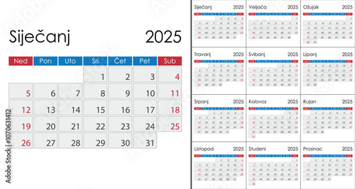 Calendar 2025 on Croatian language, week start on Sunday