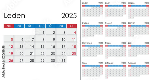 Calendar 2025 on Czech language, week start on Sunday