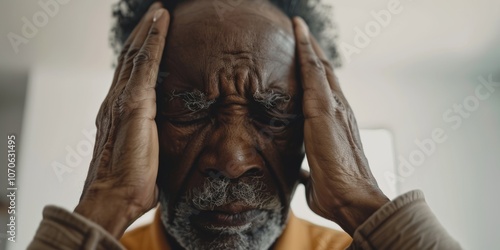 Older adult experiencing headaches, anxiety, and stress at home, dealing with tension, pain, and mental health issues related to life changes photo