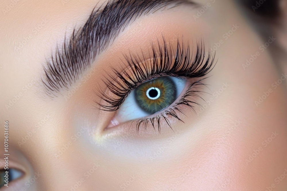 Close-up of long eyelashes with volumizing mascara applied, creating a bold, defined look Close-up of long eyelashes with volumizing mascara applied, creating a bold, defined look