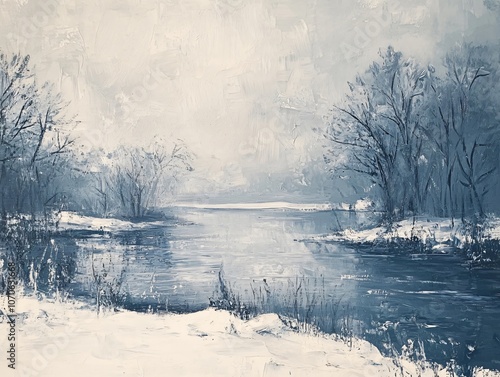 Vintage Oil Painting: Winter Riverside View