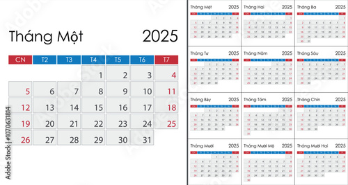 Calendar 2025 on Vietnamese language, week start on Sunday