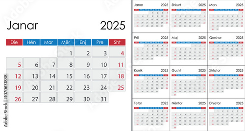 Calendar 2025 on Albanian language, week start on Sunday