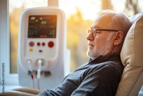 Elderly man connected to a dialysis machine, resting with eyes closed
