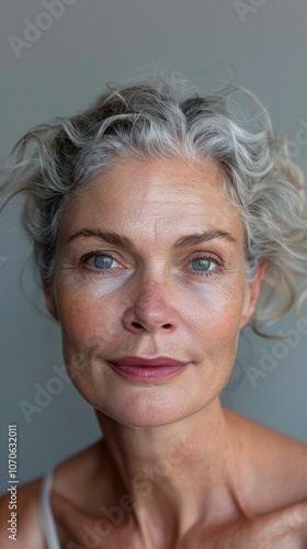 Portrait of a mature woman in a studio setting, promoting skincare and wellness. Focus on self-love and healthy facial glow against a neutral background