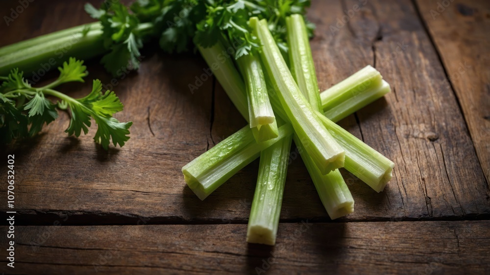 Fresh celery stalks and cilantro on a wooden surface, highlighting natural ingredients. Fresh celery stalks and cilantro on a wooden surface, highlighting natural ingredients.
