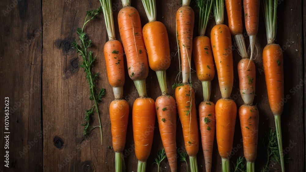 A collection of fresh, vibrant carrots on a rustic wooden surface. A collection of fresh, vibrant carrots on a rustic wooden surface.