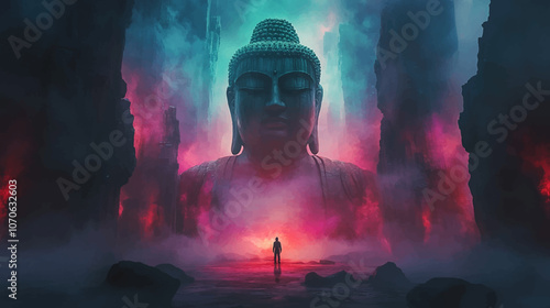A person standing in front of huge Chinese statue with colorful light emanating from the bottom, surrounded by foggy rocks, in a dark fantasy style. The minimalistic, with a dark and gloomy atmosphere